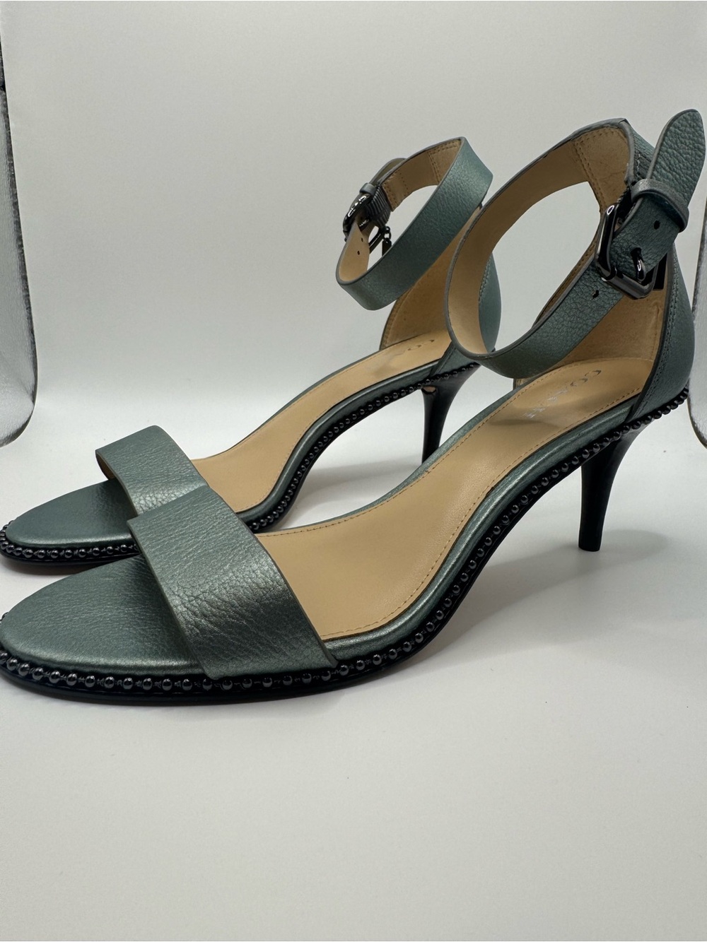 New Coach Maude Leather Ankle-Strap Sandal Heels Gun Metal Size 6
